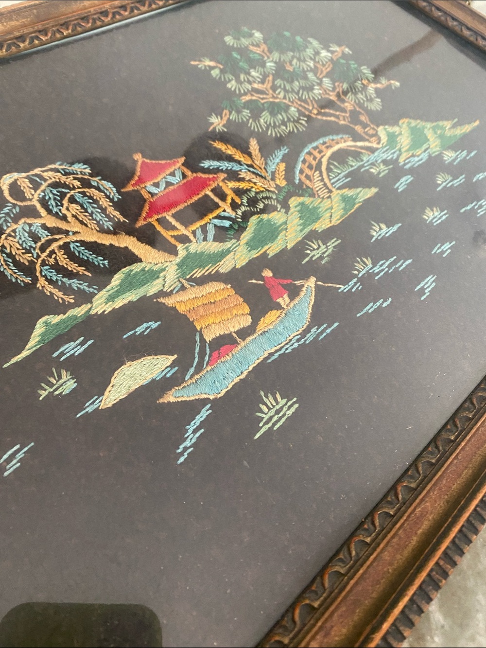 Vintage Embroidered Asian crewel Serving Tray wall art. - Picture 2 of 6
